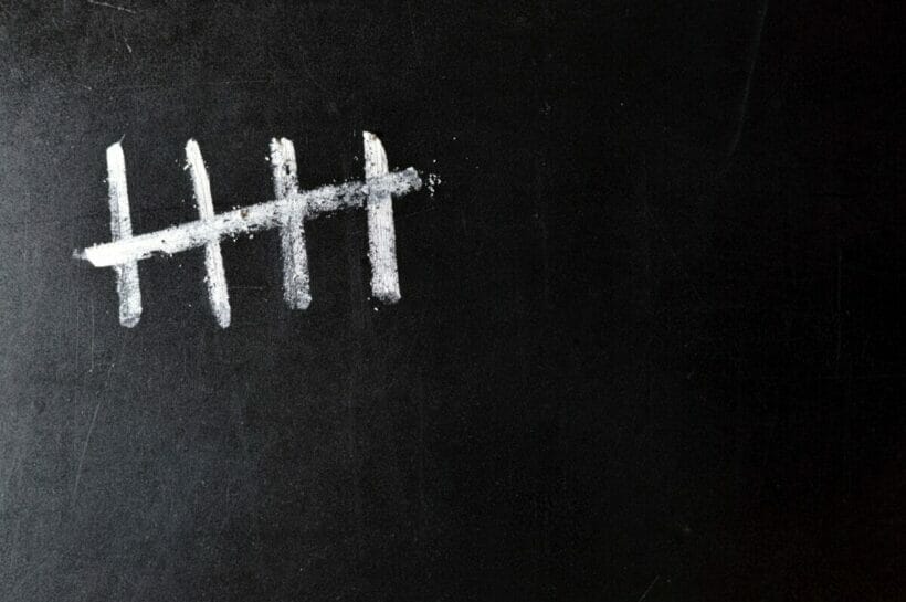 five tic marks on a chalkboard